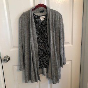 Grey Cardigan sweater XL with black white sleeveless blouse Med